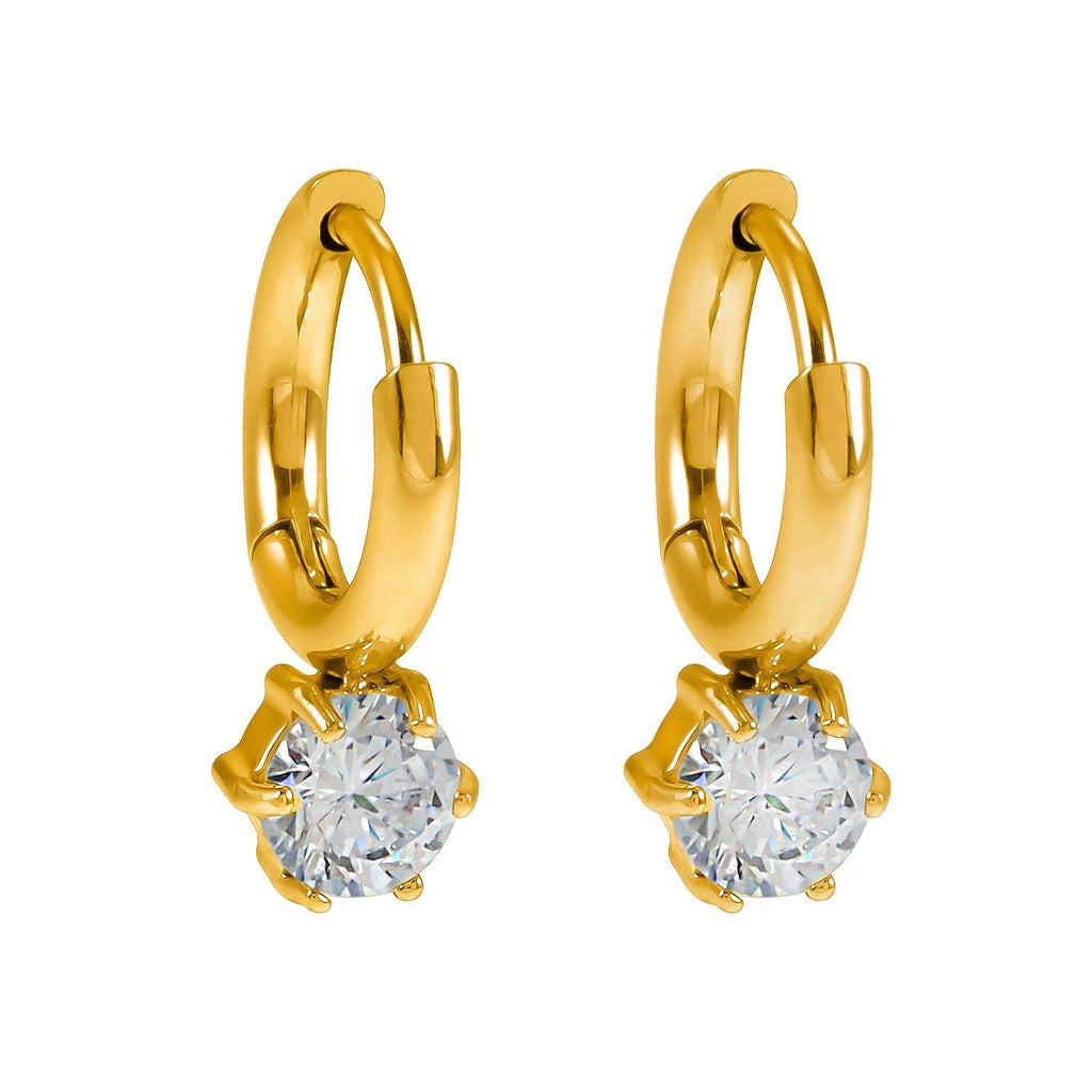 BEAULIEU: Vintage Inspired Mini Hoops with a Solitaire Moissanite Charm - MacroPanora