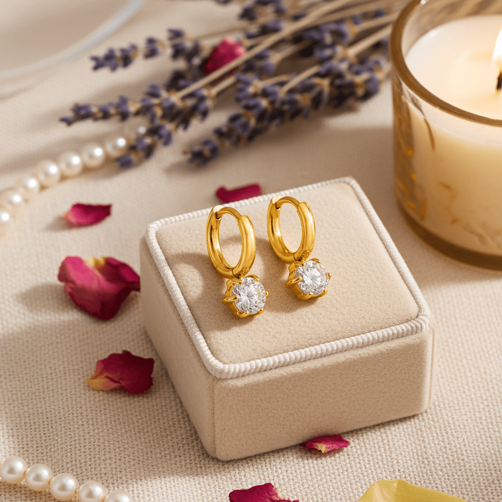 BEAULIEU: Vintage Inspired Mini Hoops with a Solitaire Moissanite Charm - MacroPanora