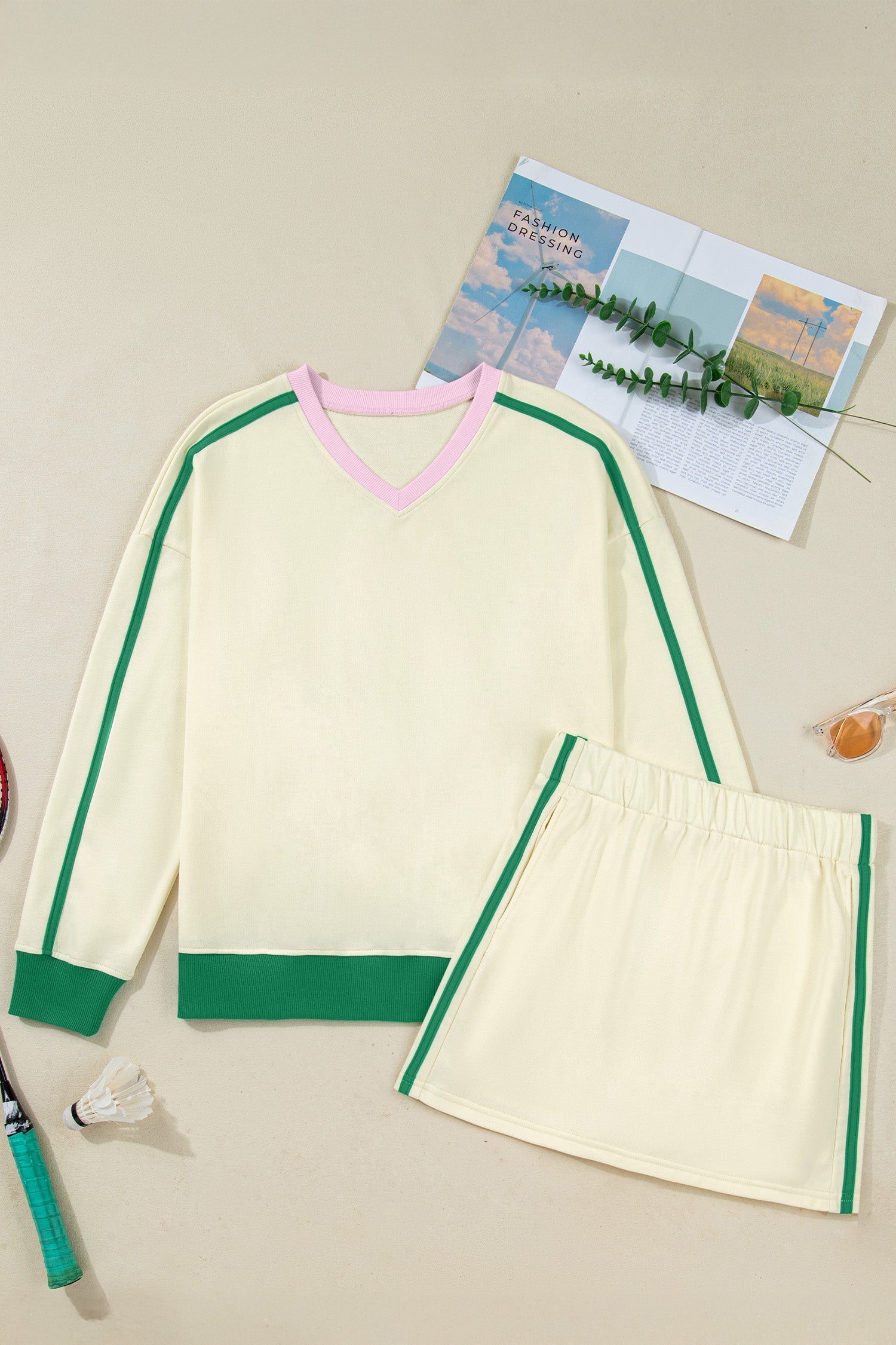 Beige Ribbed Colorblock V - Neck Pullover with Mini Skort Set for Women - Trendy Sporty Athleisure Outfit - MacroPanora