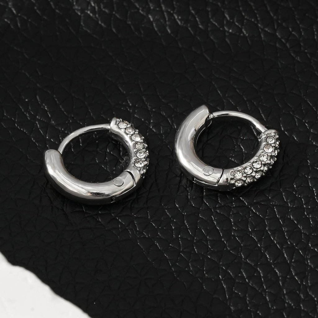 BISHO Silver (White Gold): Sparkling Rows of Pavé Zirconia on Classic Mini Hoop Earrings - MacroPanora