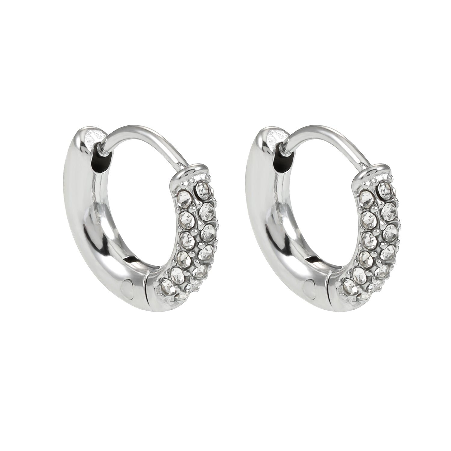BISHO Silver (White Gold): Sparkling Rows of Pavé Zirconia on Classic Mini Hoop Earrings - MacroPanora