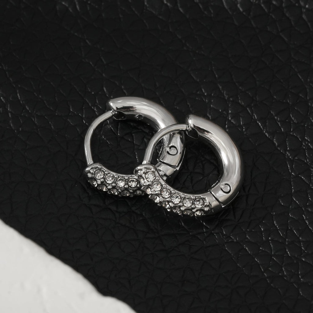 BISHO Silver (White Gold): Sparkling Rows of Pavé Zirconia on Classic Mini Hoop Earrings - MacroPanora