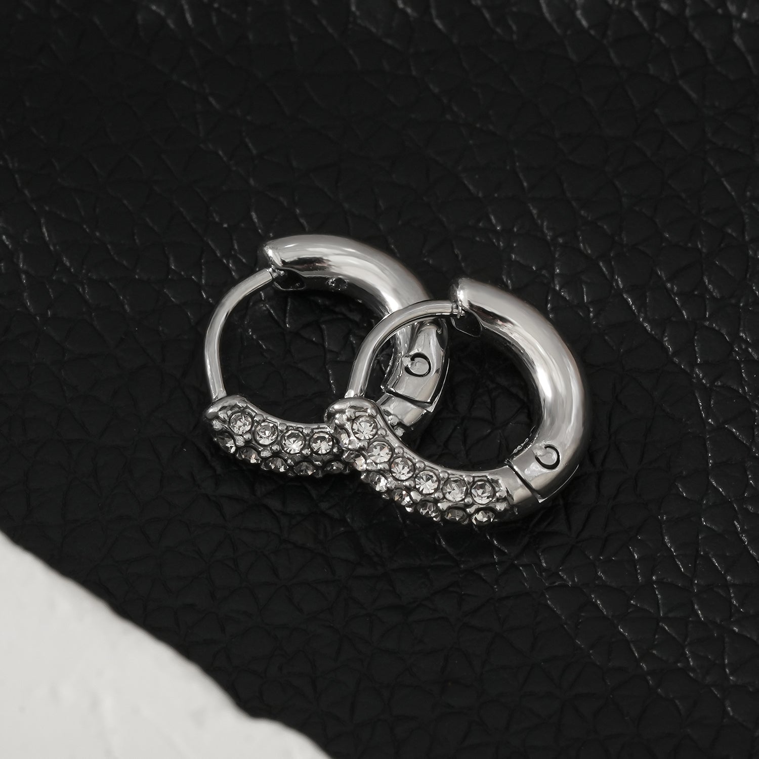 BISHO Silver (White Gold): Sparkling Rows of Pavé Zirconia on Classic Mini Hoop Earrings - MacroPanora