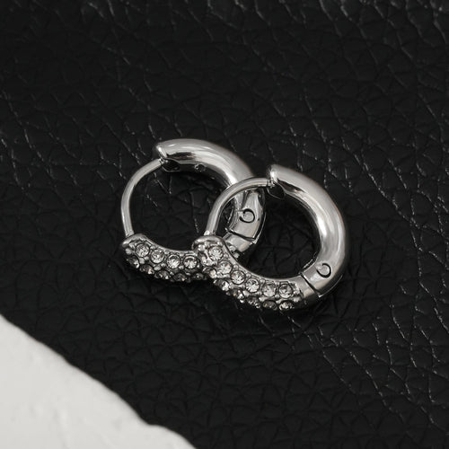 BISHO Silver (White Gold): Sparkling Rows of Pavé Zirconia on Classic Mini Hoop Earrings - MacroPanora