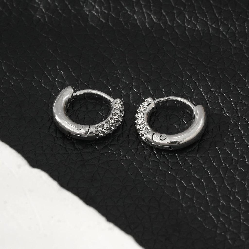 BISHO Silver (White Gold): Sparkling Rows of Pavé Zirconia on Classic Mini Hoop Earrings - MacroPanora
