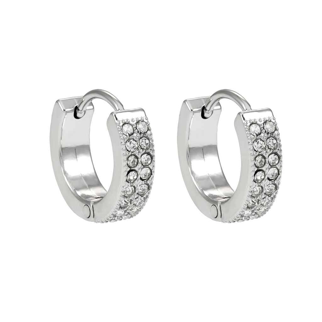 BLOUBERG White Gold (Silver Toned): Double Row Pavé Zirconia (CZ) Mini Hoop Earrings - MacroPanora