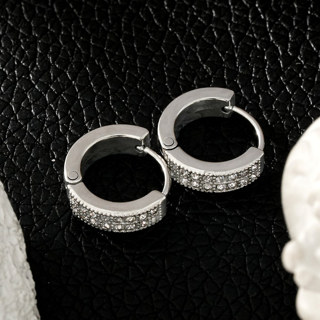 BLOUBERG White Gold (Silver Toned): Double Row Pavé Zirconia (CZ) Mini Hoop Earrings - MacroPanora