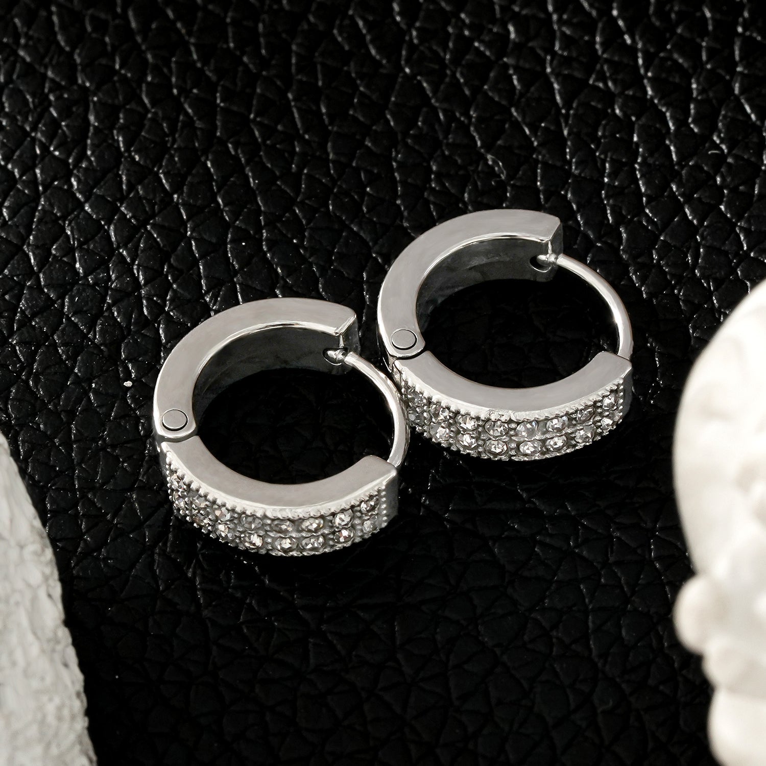 BLOUBERG White Gold (Silver Toned): Double Row Pavé Zirconia (CZ) Mini Hoop Earrings - MacroPanora
