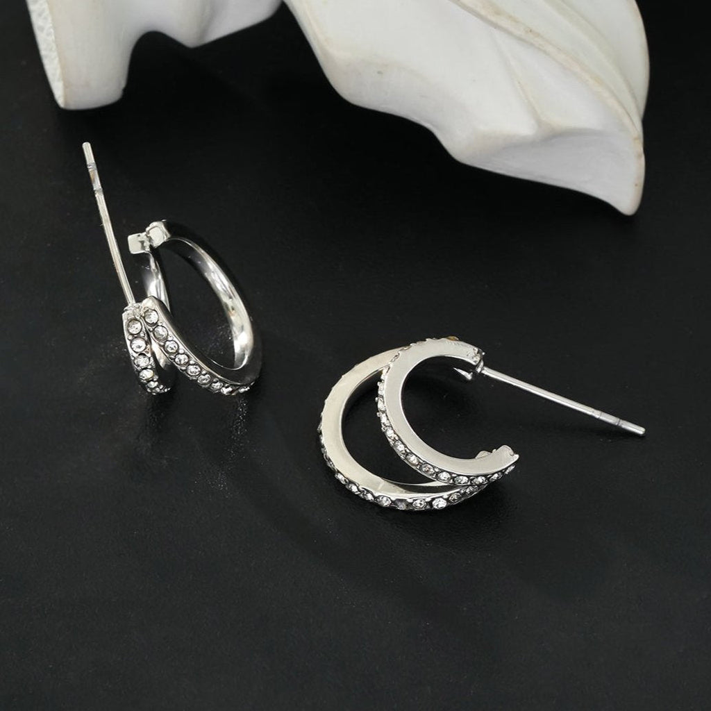 BOTTEGA: Double Banded Pavé Zirconia (CZ) Gemstones Embedded Hoop Earrings in Silver - MacroPanora