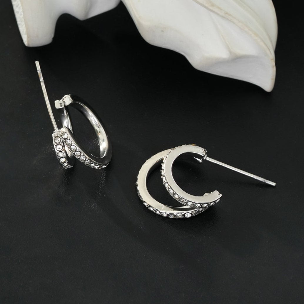 BOTTEGA: Double Banded Pavé Zirconia (CZ) Gemstones Embedded Hoop Earrings in Silver - MacroPanora