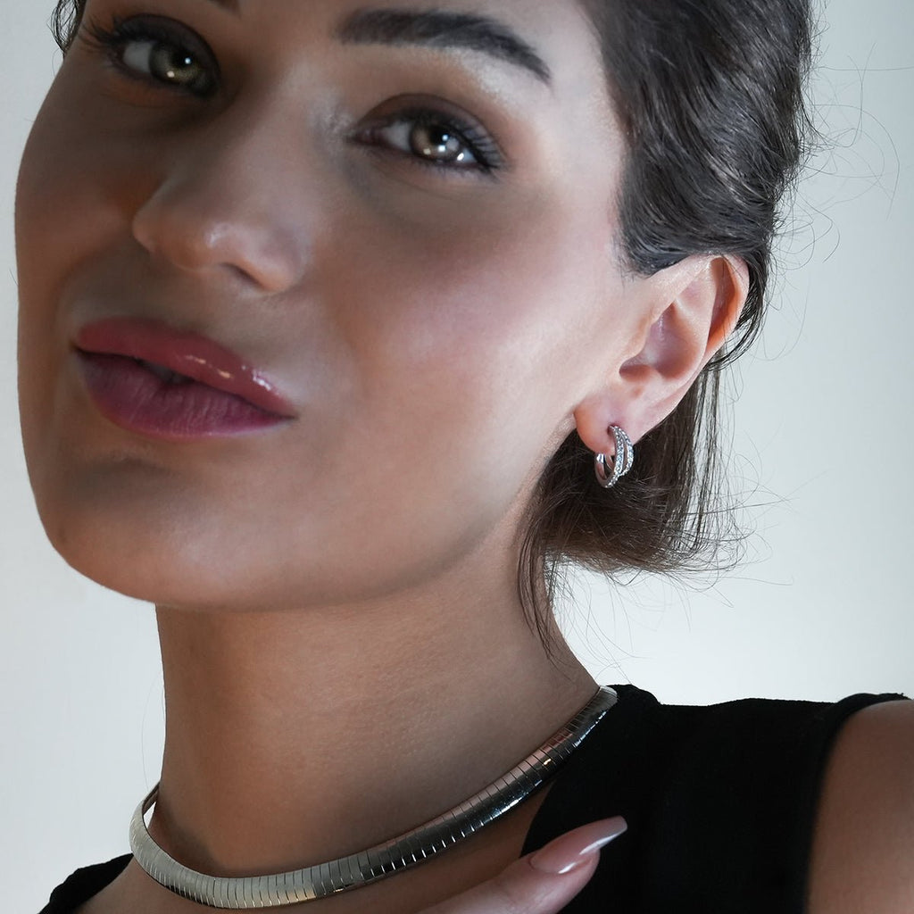 BOTTEGA: Double Banded Pavé Zirconia (CZ) Gemstones Embedded Hoop Earrings in Silver - MacroPanora