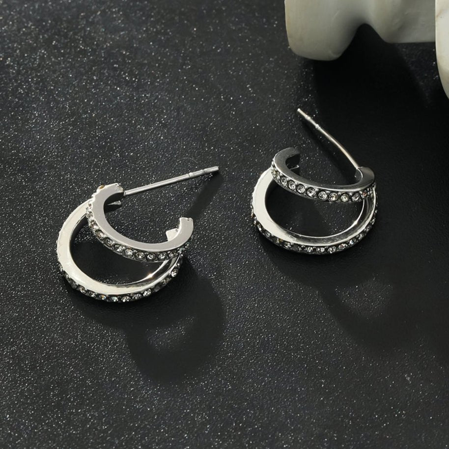 BOTTEGA: Double Banded Pavé Zirconia (CZ) Gemstones Embedded Hoop Earrings in Silver - MacroPanora