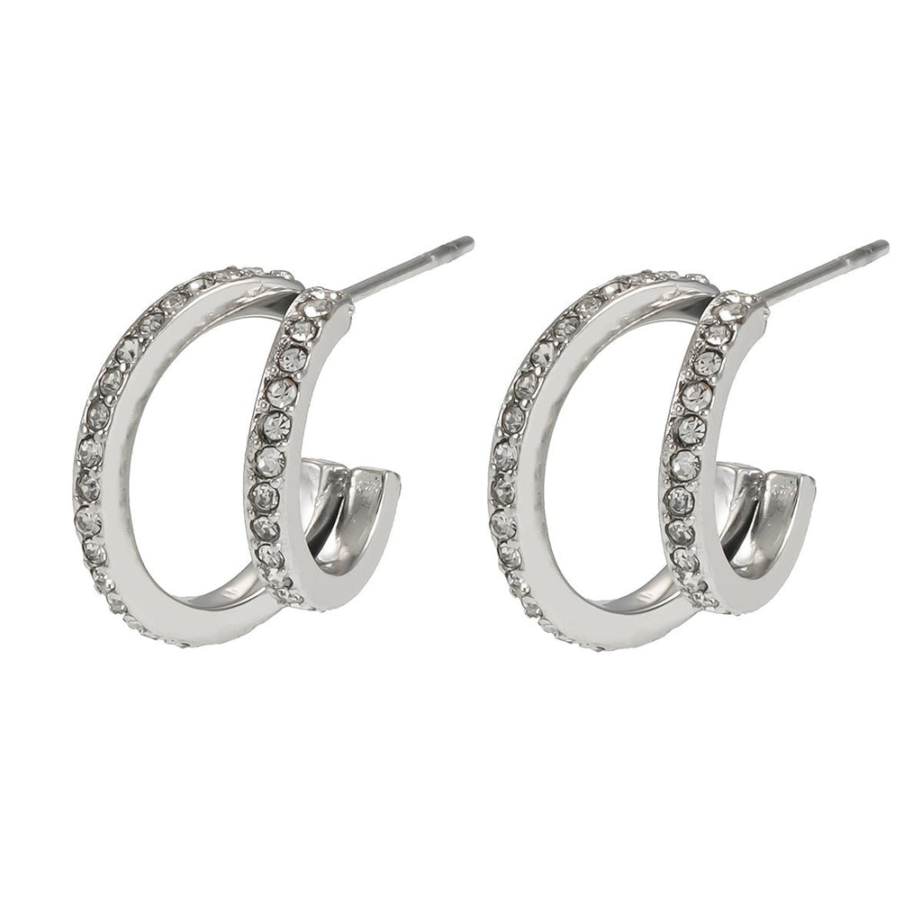 BOTTEGA: Double Banded Pavé Zirconia (CZ) Gemstones Embedded Hoop Earrings in Silver - MacroPanora