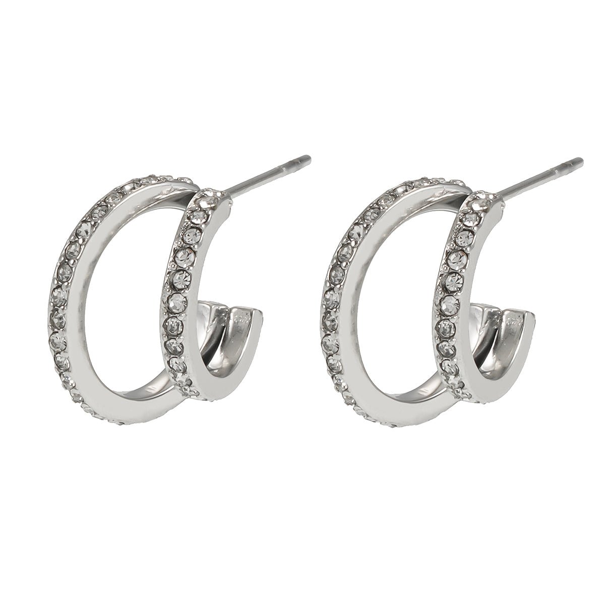 BOTTEGA: Double Banded Pavé Zirconia (CZ) Gemstones Embedded Hoop Earrings in Silver - MacroPanora