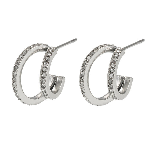 BOTTEGA: Double Banded Pavé Zirconia (CZ) Gemstones Embedded Hoop Earrings in Silver - MacroPanora