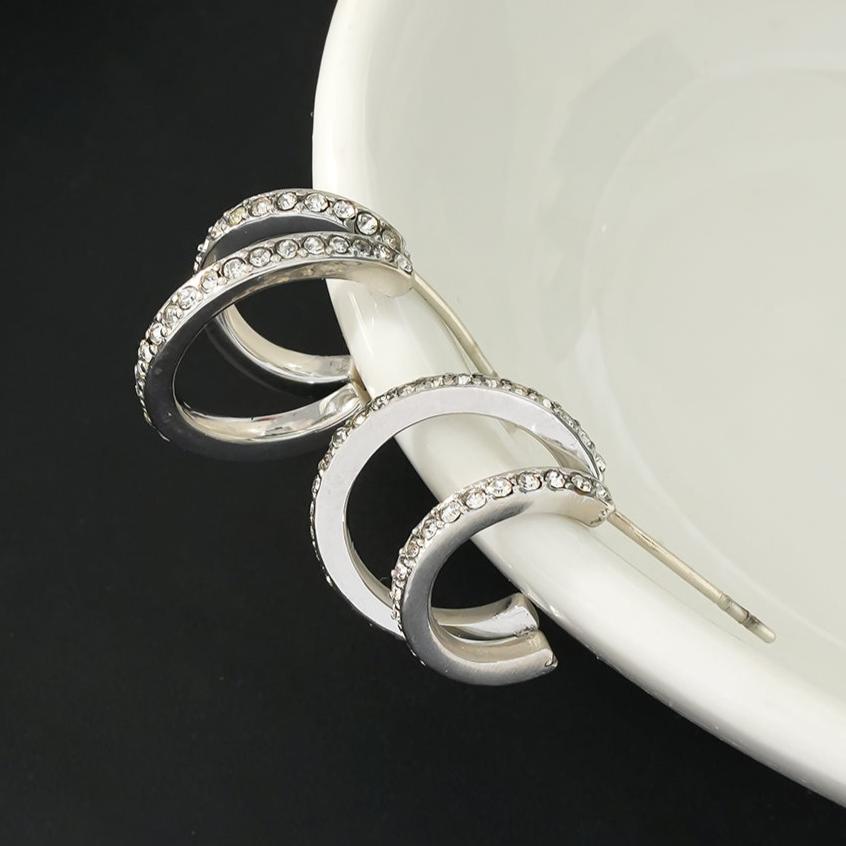 BOTTEGA: Double Banded Pavé Zirconia (CZ) Gemstones Embedded Hoop Earrings in Silver - MacroPanora