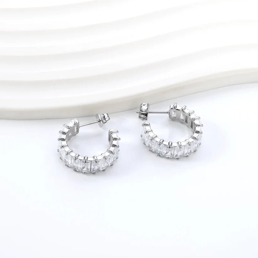 C-Shaped Radiant Crystal Studs Silver - Earrings | MacroPanora