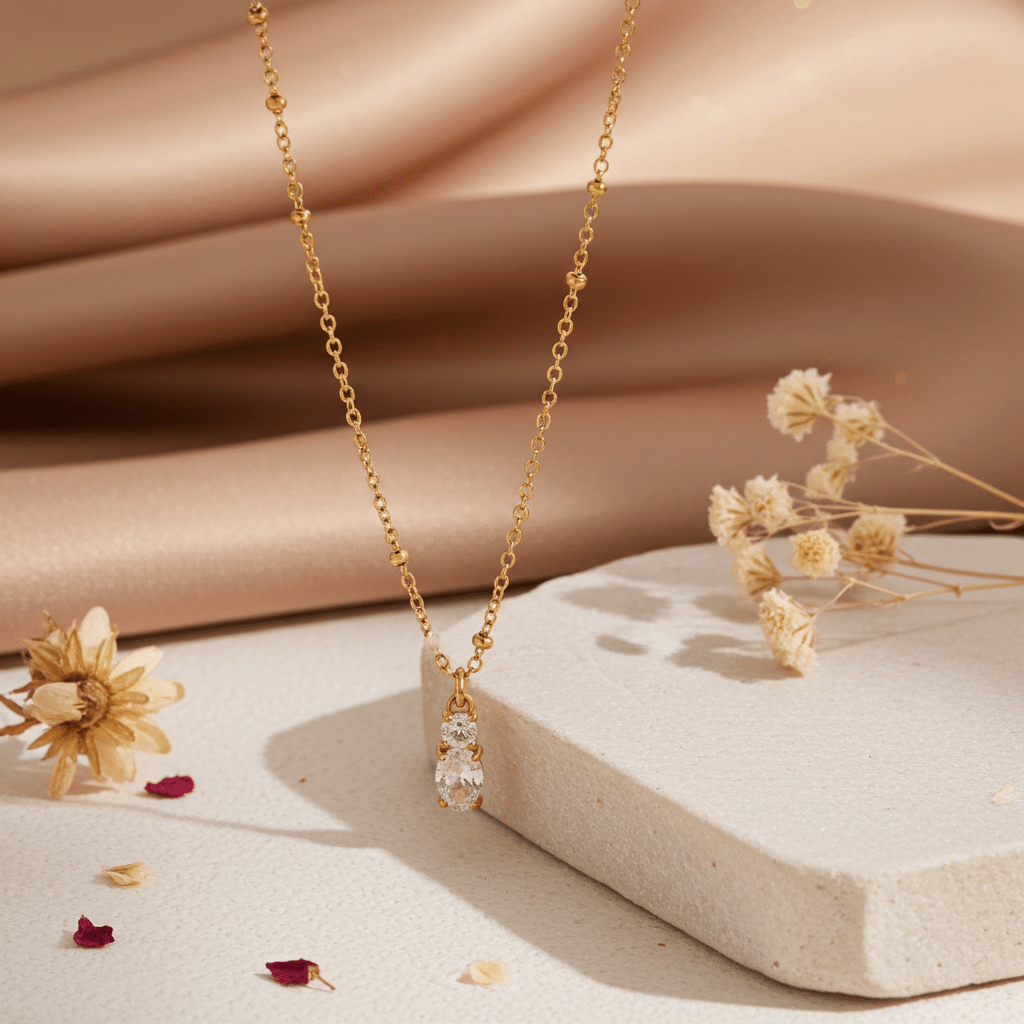 CABBANA Gold: A Duo Set of Zirconia Charm Pendants on a Beaded Chain Necklace - MacroPanora
