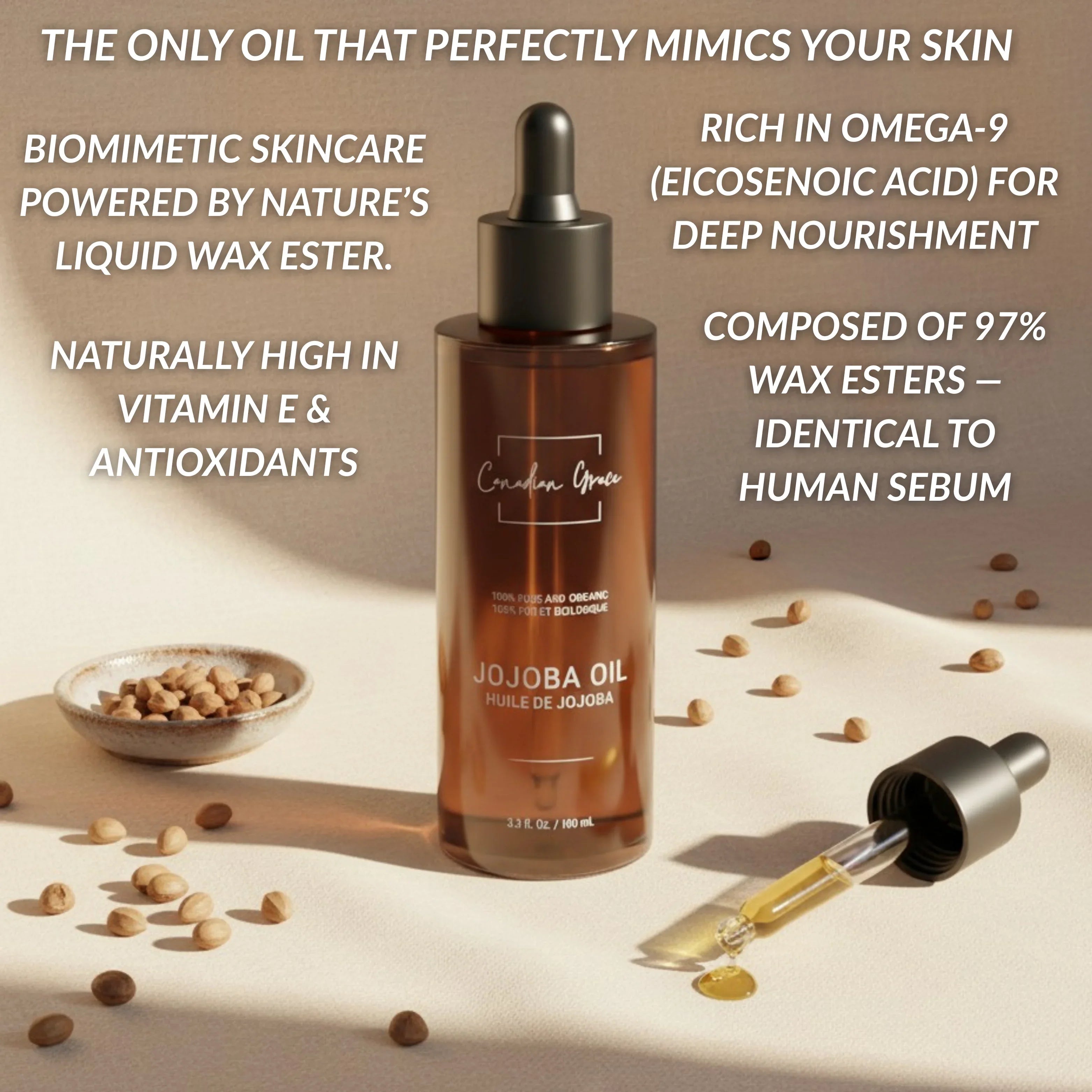 Canadian Grace 100% Organic Jojoba Oil – For Sensitive, Reactive & Acne-Prone Skin + Dry-Feeling or Oily Scalp - MacroPanora