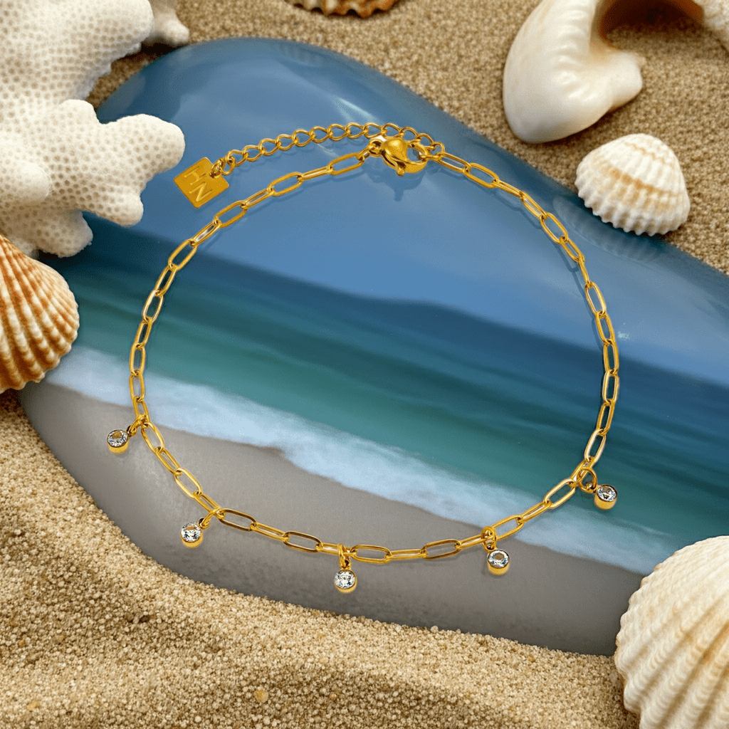 CANARI: Mini Paper-Clip Chain Anklet with Satellite Zirconia Charms - MacroPanora