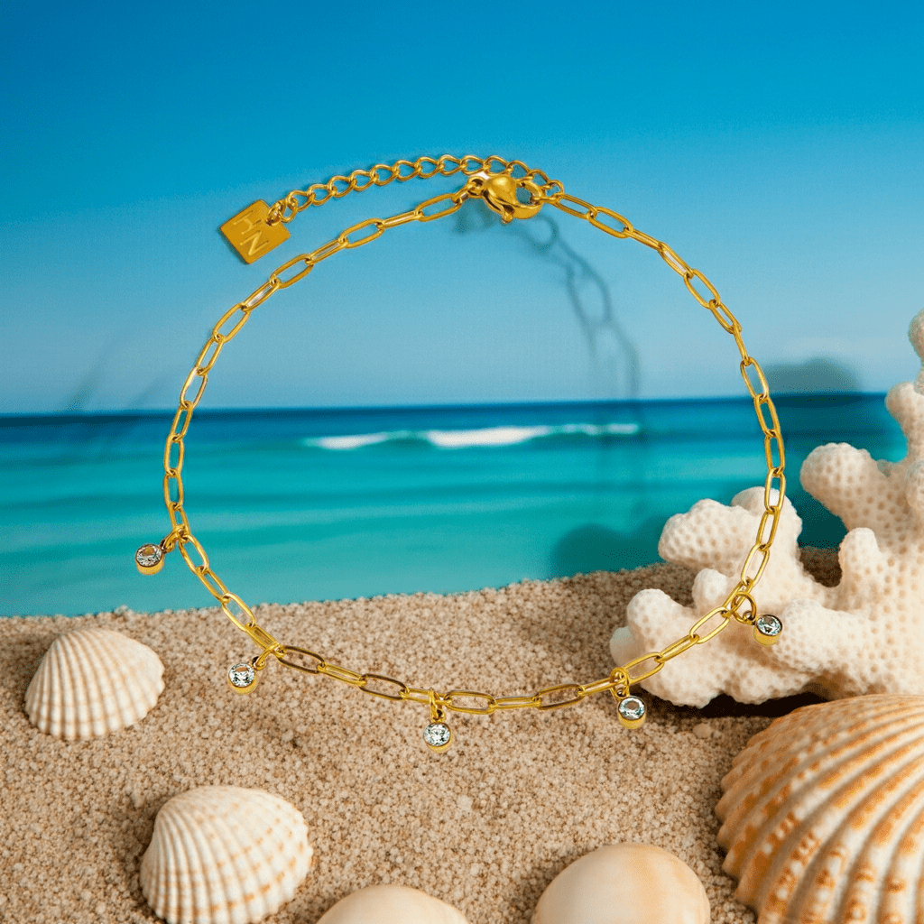CANARI: Mini Paper-Clip Chain Anklet with Satellite Zirconia Charms - MacroPanora