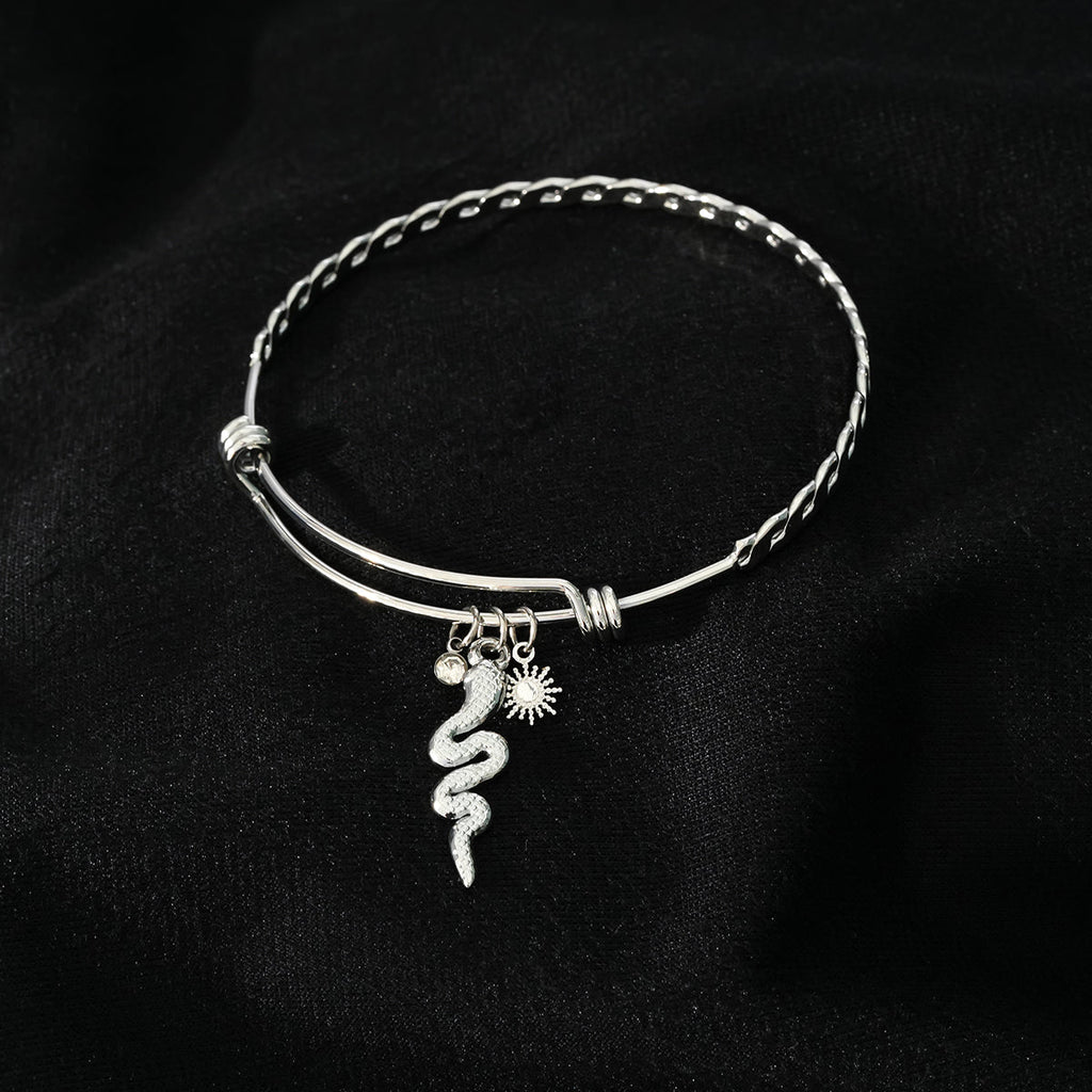CATALINA White Gold (Silver Toned): Bracelet with Serpent, Sun Symbol and Zirconia (CZ) Charms. - MacroPanora