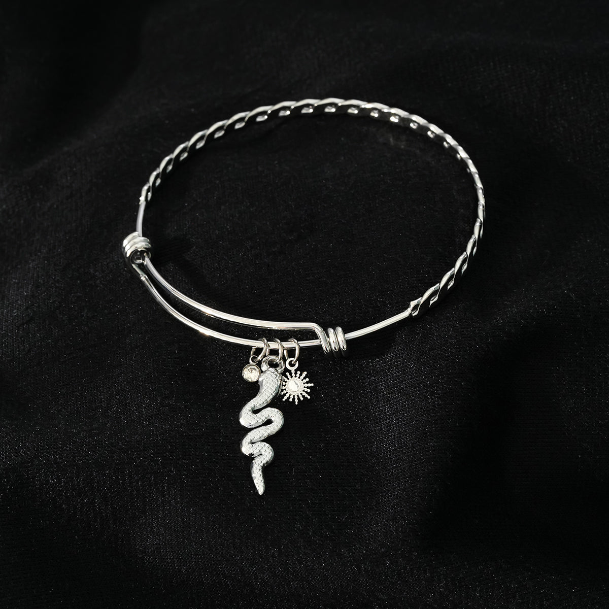 CATALINA White Gold (Silver Toned): Bracelet with Serpent, Sun Symbol and Zirconia (CZ) Charms. - MacroPanora