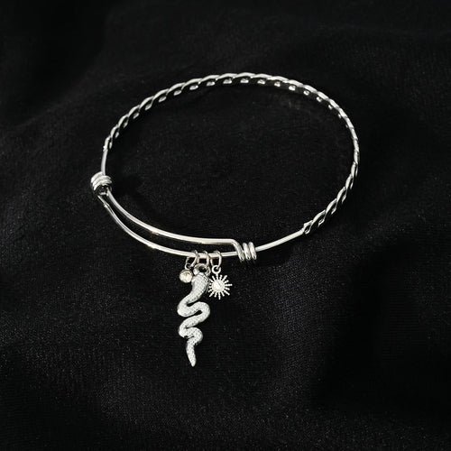 CATALINA White Gold (Silver Toned): Bracelet with Serpent, Sun Symbol and Zirconia (CZ) Charms. - MacroPanora