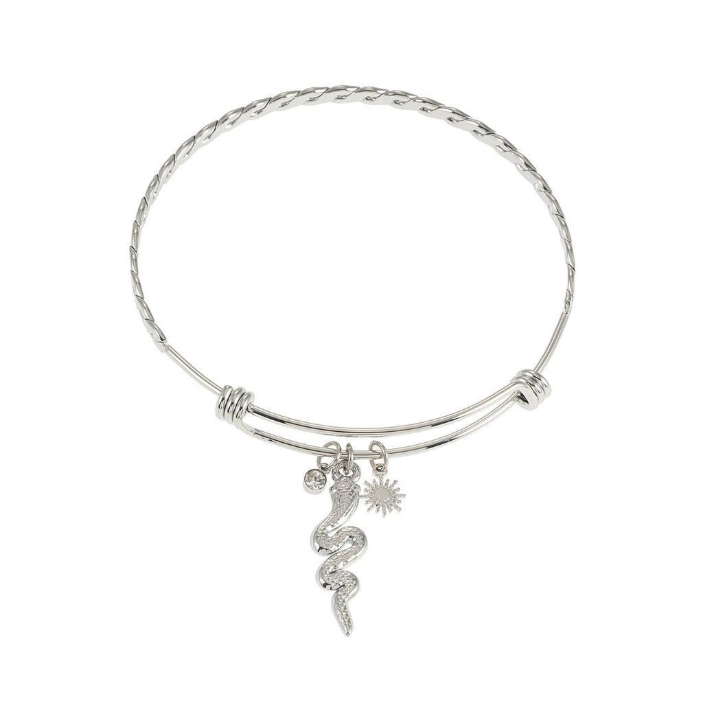 CATALINA White Gold (Silver Toned): Bracelet with Serpent, Sun Symbol and Zirconia (CZ) Charms. - MacroPanora