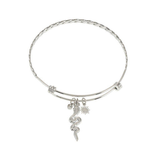 CATALINA White Gold (Silver Toned): Bracelet with Serpent, Sun Symbol and Zirconia (CZ) Charms. - MacroPanora