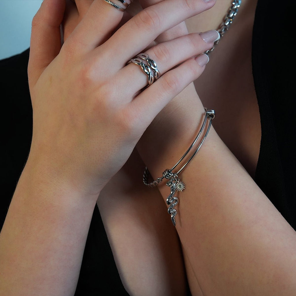 CATALINA White Gold (Silver Toned): Bracelet with Serpent, Sun Symbol and Zirconia (CZ) Charms. - MacroPanora
