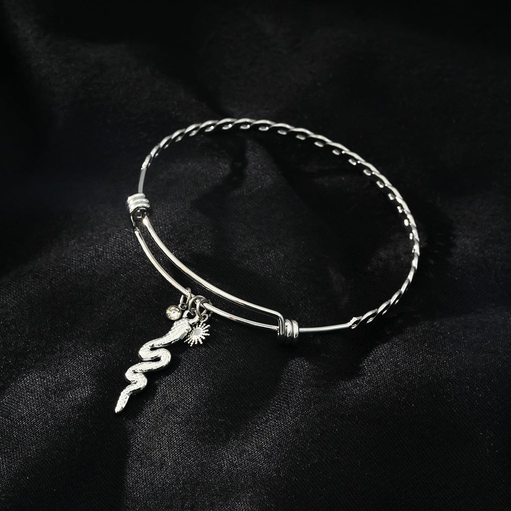 CATALINA White Gold (Silver Toned): Bracelet with Serpent, Sun Symbol and Zirconia (CZ) Charms. - MacroPanora
