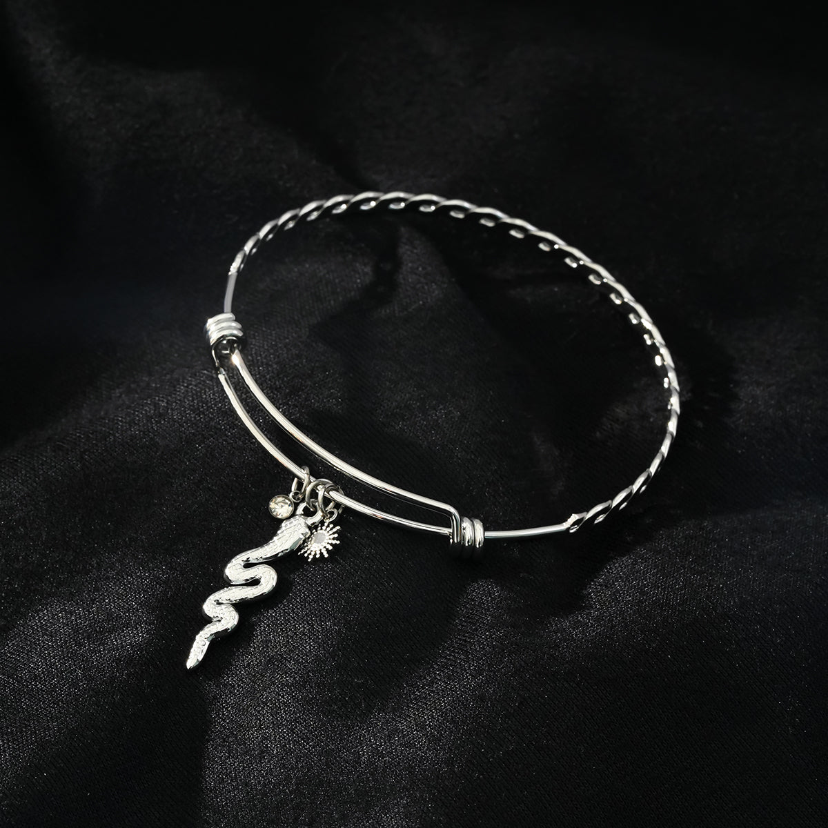 CATALINA White Gold (Silver Toned): Bracelet with Serpent, Sun Symbol and Zirconia (CZ) Charms. - MacroPanora