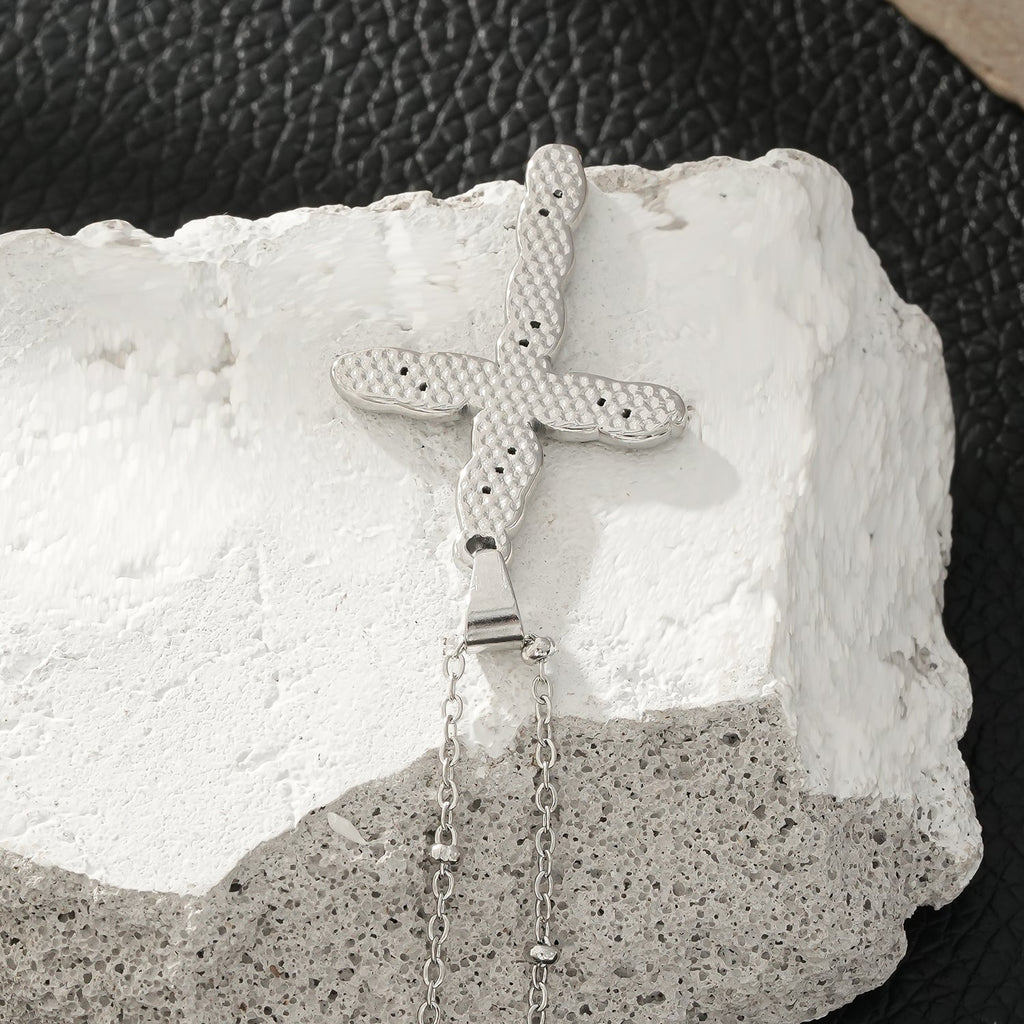 CHAMONIX Silver Toned White Gold: Dainty Beaded Chain Necklace with a Zirconia Embedded Textured Cross Pendent - MacroPanora