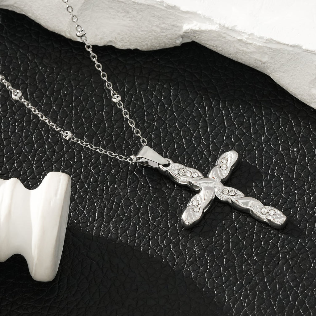 CHAMONIX Silver Toned White Gold: Dainty Beaded Chain Necklace with a Zirconia Embedded Textured Cross Pendent - MacroPanora