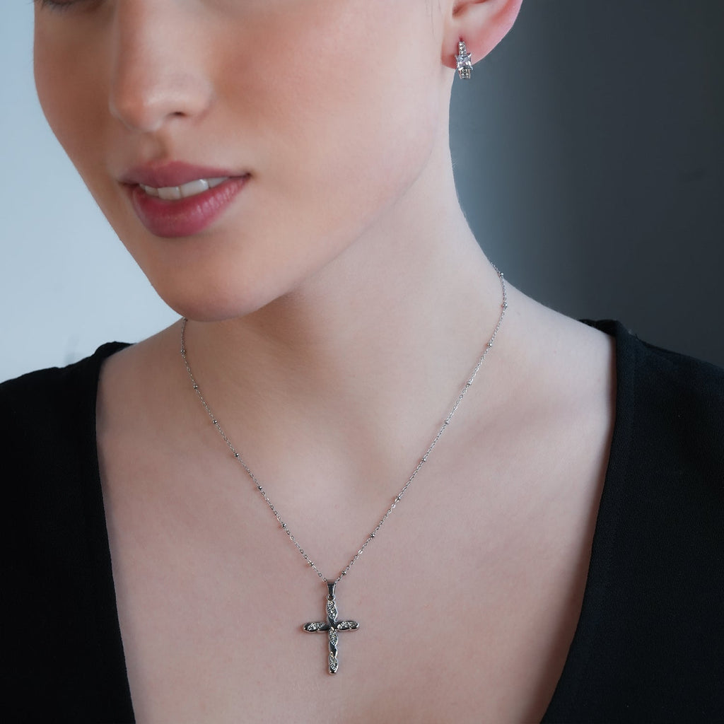 CHAMONIX Silver Toned White Gold: Dainty Beaded Chain Necklace with a Zirconia Embedded Textured Cross Pendent - MacroPanora