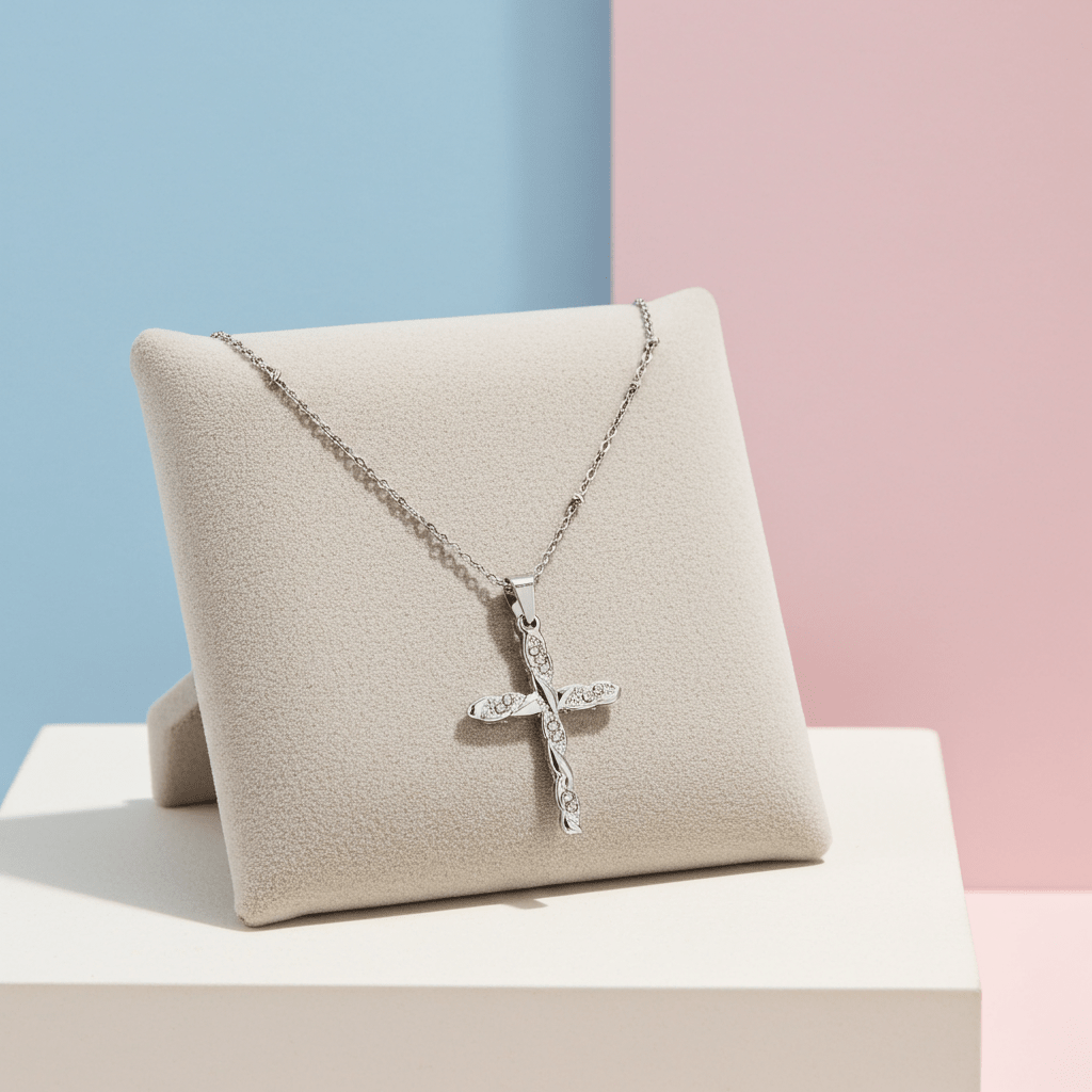 CHAMONIX Silver Toned White Gold: Dainty Beaded Chain Necklace with a Zirconia Embedded Textured Cross Pendent - MacroPanora