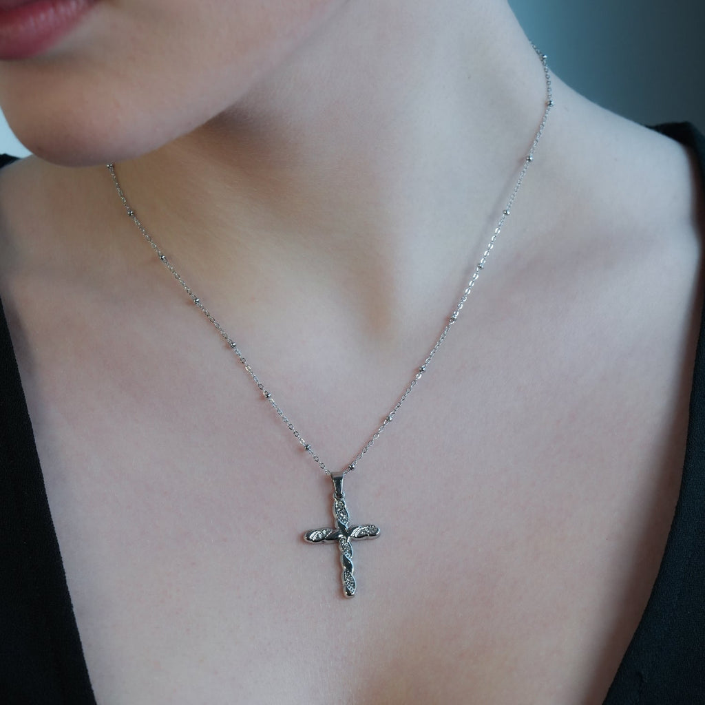 CHAMONIX Silver Toned White Gold: Dainty Beaded Chain Necklace with a Zirconia Embedded Textured Cross Pendent - MacroPanora