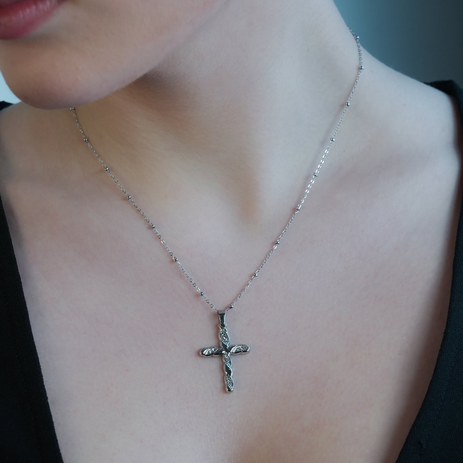 CHAMONIX Silver Toned White Gold: Dainty Beaded Chain Necklace with a Zirconia Embedded Textured Cross Pendent - MacroPanora