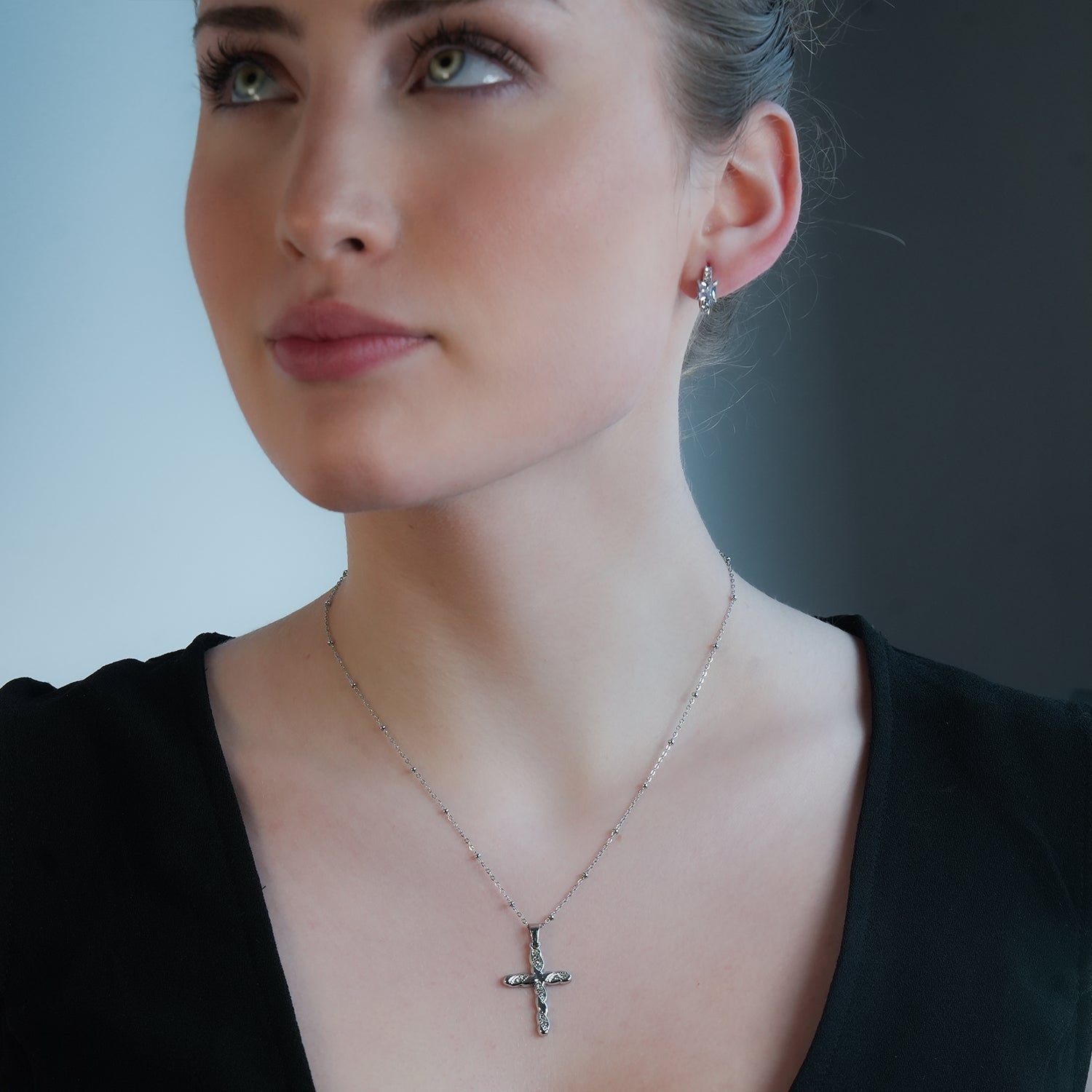 CHAMONIX Silver Toned White Gold: Dainty Beaded Chain Necklace with a Zirconia Embedded Textured Cross Pendent - MacroPanora