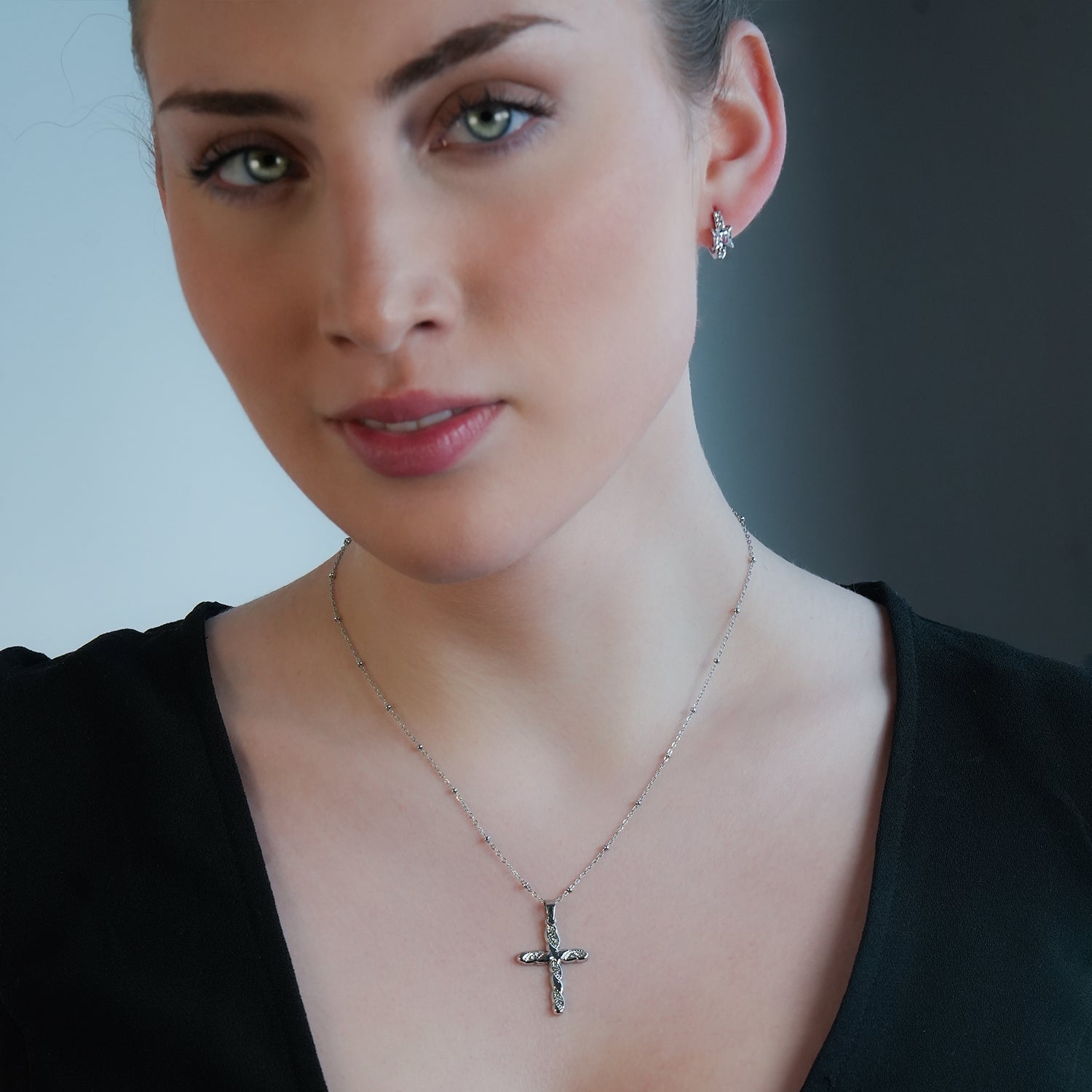 CHAMONIX Silver Toned White Gold: Dainty Beaded Chain Necklace with a Zirconia Embedded Textured Cross Pendent - MacroPanora