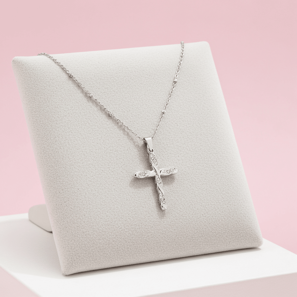 CHAMONIX Silver Toned White Gold: Dainty Beaded Chain Necklace with a Zirconia Embedded Textured Cross Pendent - MacroPanora