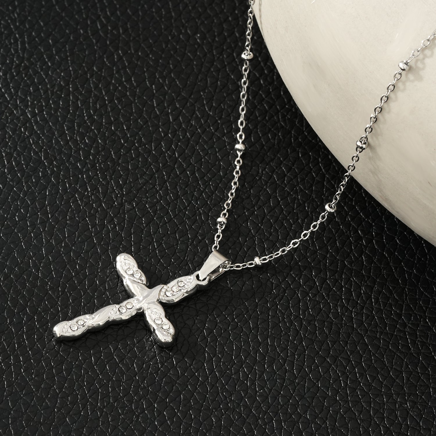 CHAMONIX Silver Toned White Gold: Dainty Beaded Chain Necklace with a Zirconia Embedded Textured Cross Pendent - MacroPanora