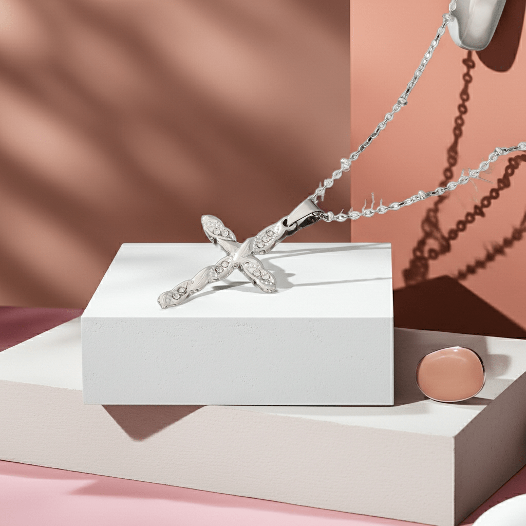 CHAMONIX Silver Toned White Gold: Dainty Beaded Chain Necklace with a Zirconia Embedded Textured Cross Pendent - MacroPanora