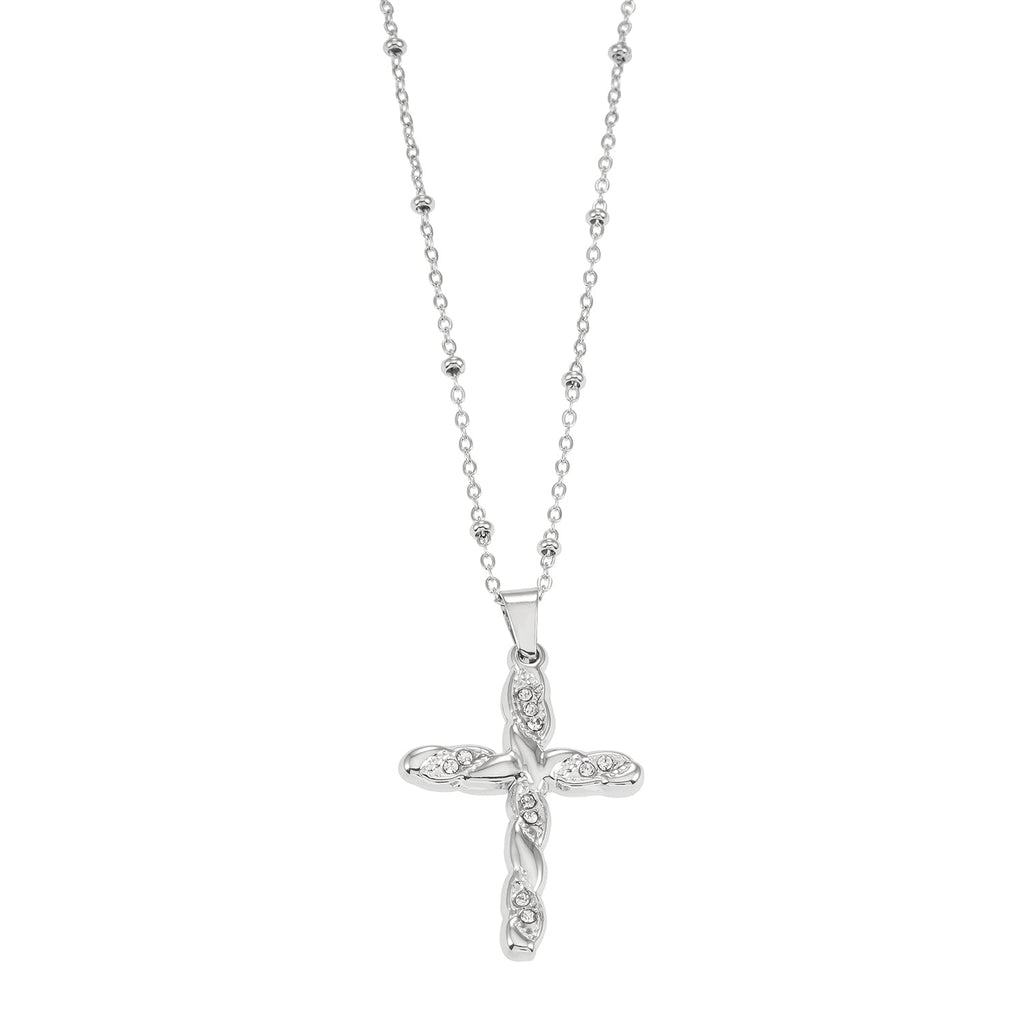 CHAMONIX Silver Toned White Gold: Dainty Beaded Chain Necklace with a Zirconia Embedded Textured Cross Pendent - MacroPanora