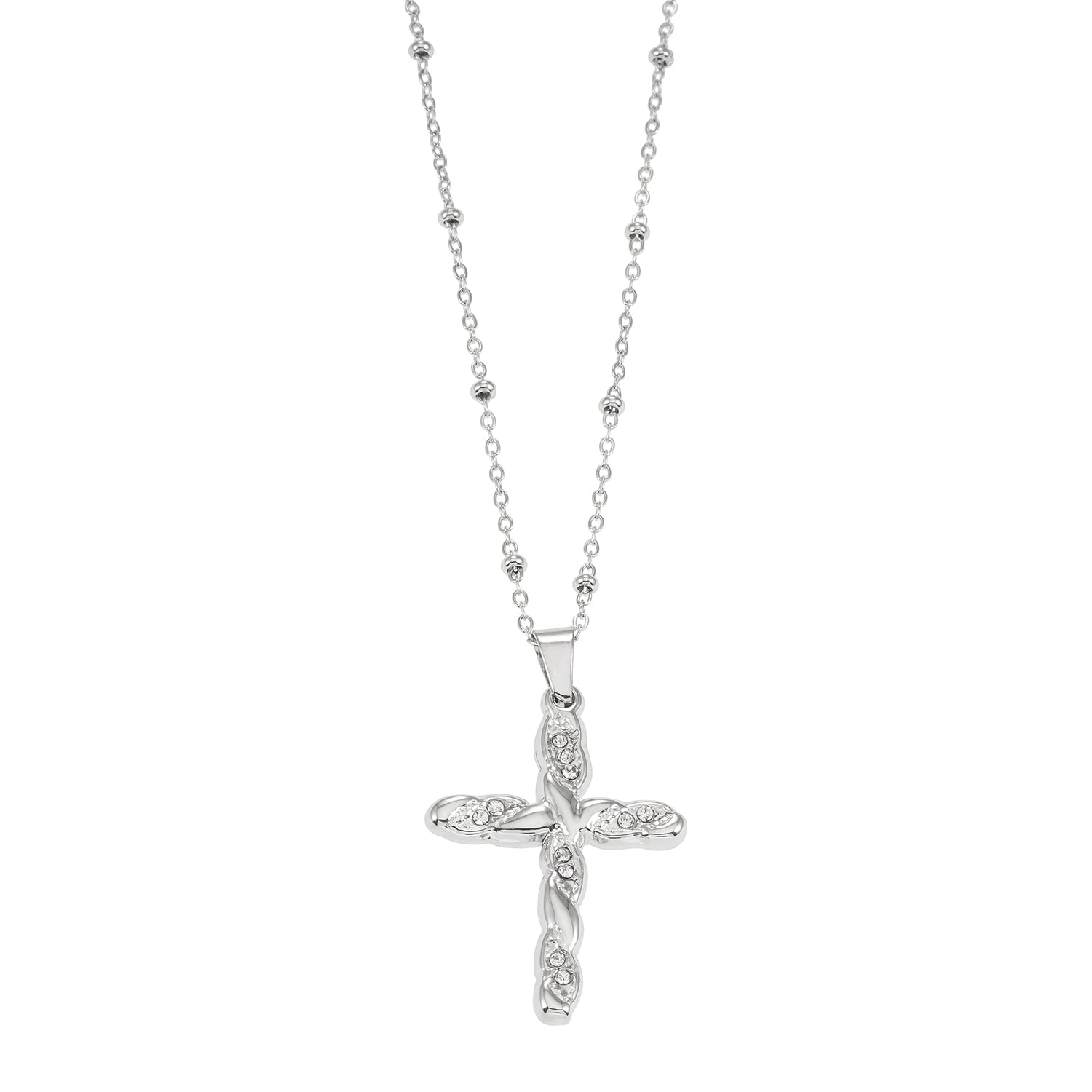 CHAMONIX Silver Toned White Gold: Dainty Beaded Chain Necklace with a Zirconia Embedded Textured Cross Pendent - MacroPanora