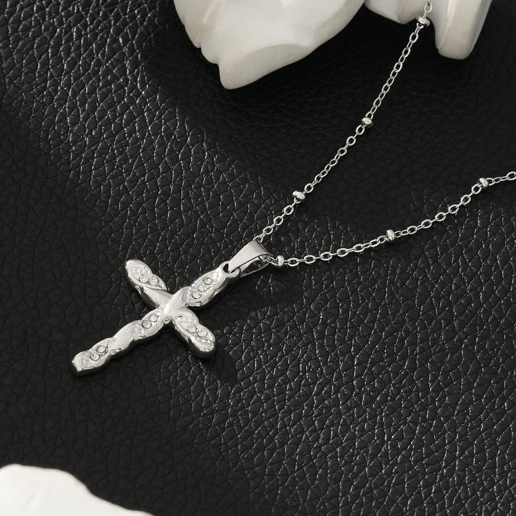 CHAMONIX Silver Toned White Gold: Dainty Beaded Chain Necklace with a Zirconia Embedded Textured Cross Pendent - MacroPanora