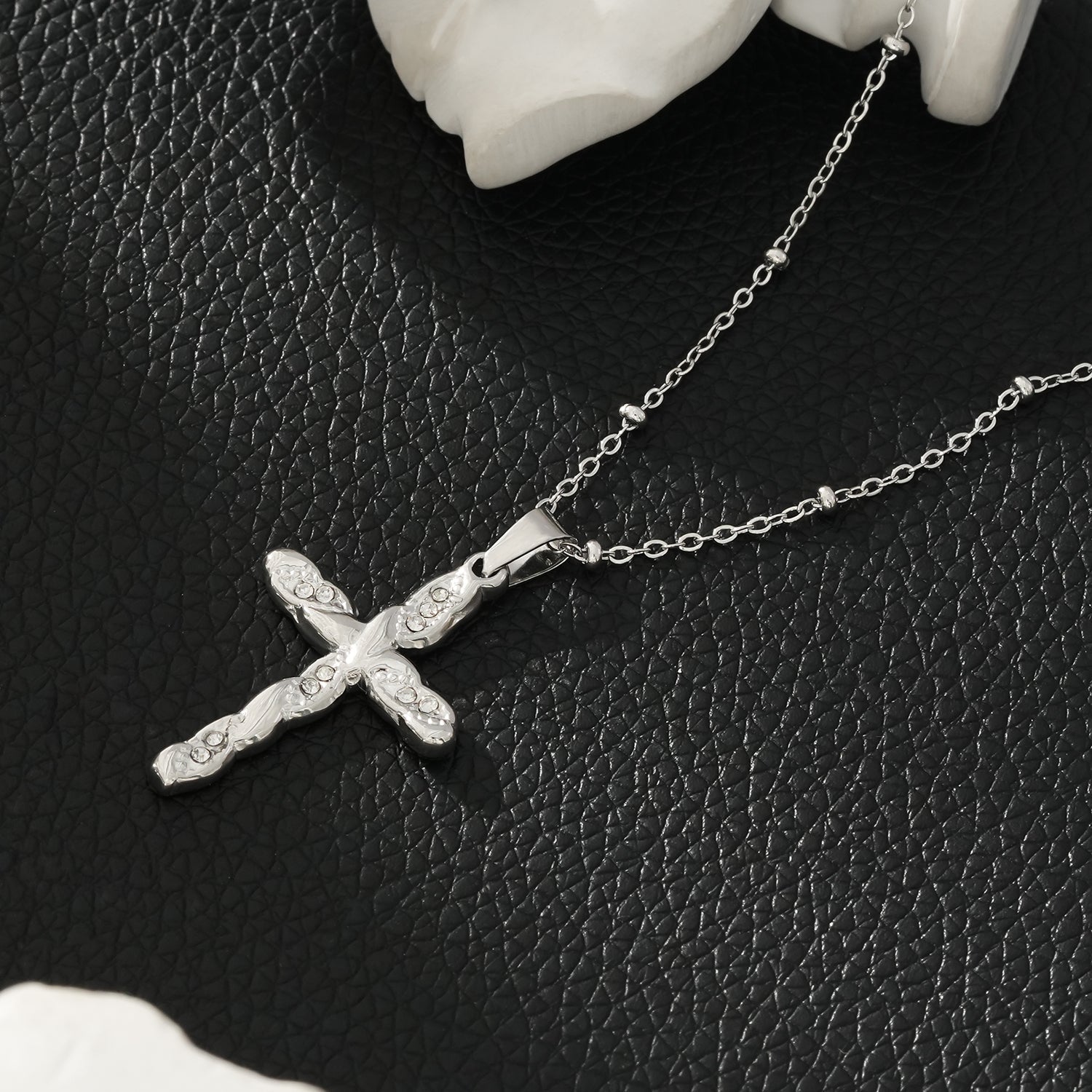 CHAMONIX Silver Toned White Gold: Dainty Beaded Chain Necklace with a Zirconia Embedded Textured Cross Pendent - MacroPanora