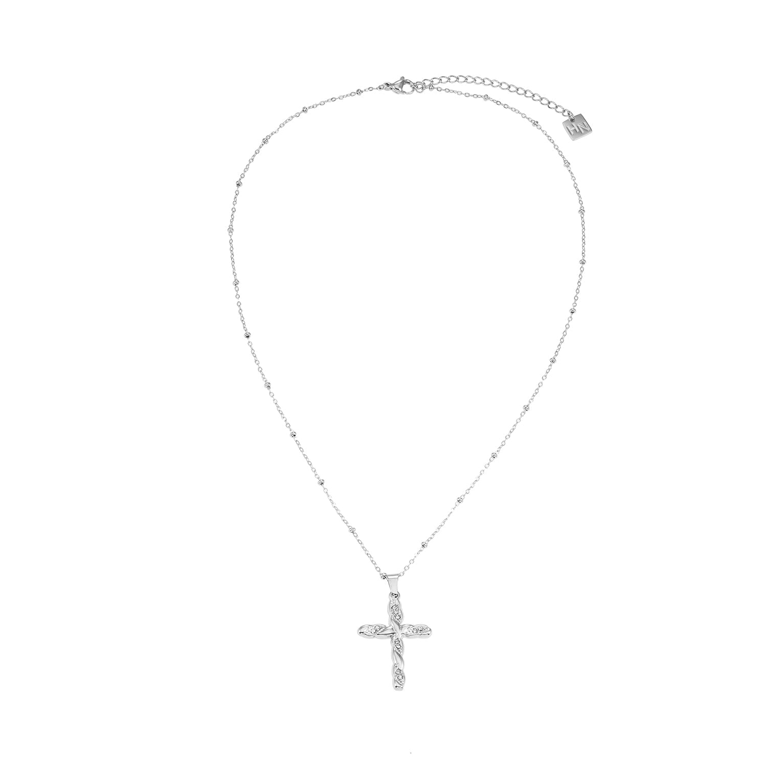 CHAMONIX Silver Toned White Gold: Dainty Beaded Chain Necklace with a Zirconia Embedded Textured Cross Pendent - MacroPanora