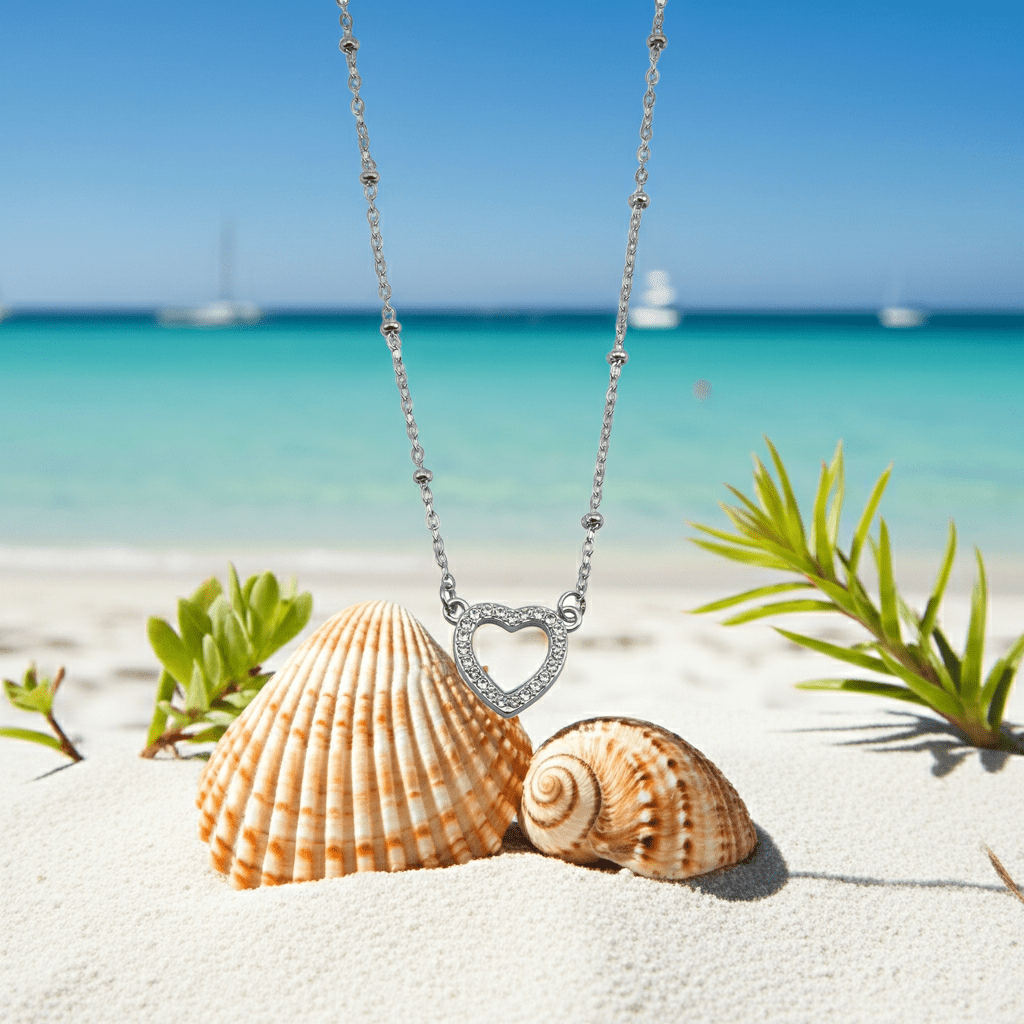 CHERISH Silver (White Gold): Beaded Chain Anchoring an Elegant Pavé Heart Charm Pendant - MacroPanora